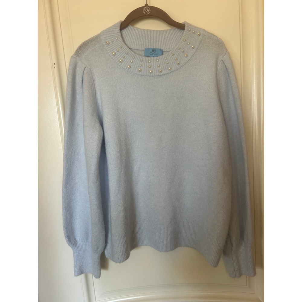 Women's CeCe Light Blue Pearl Embellished Crew Neck Sweater